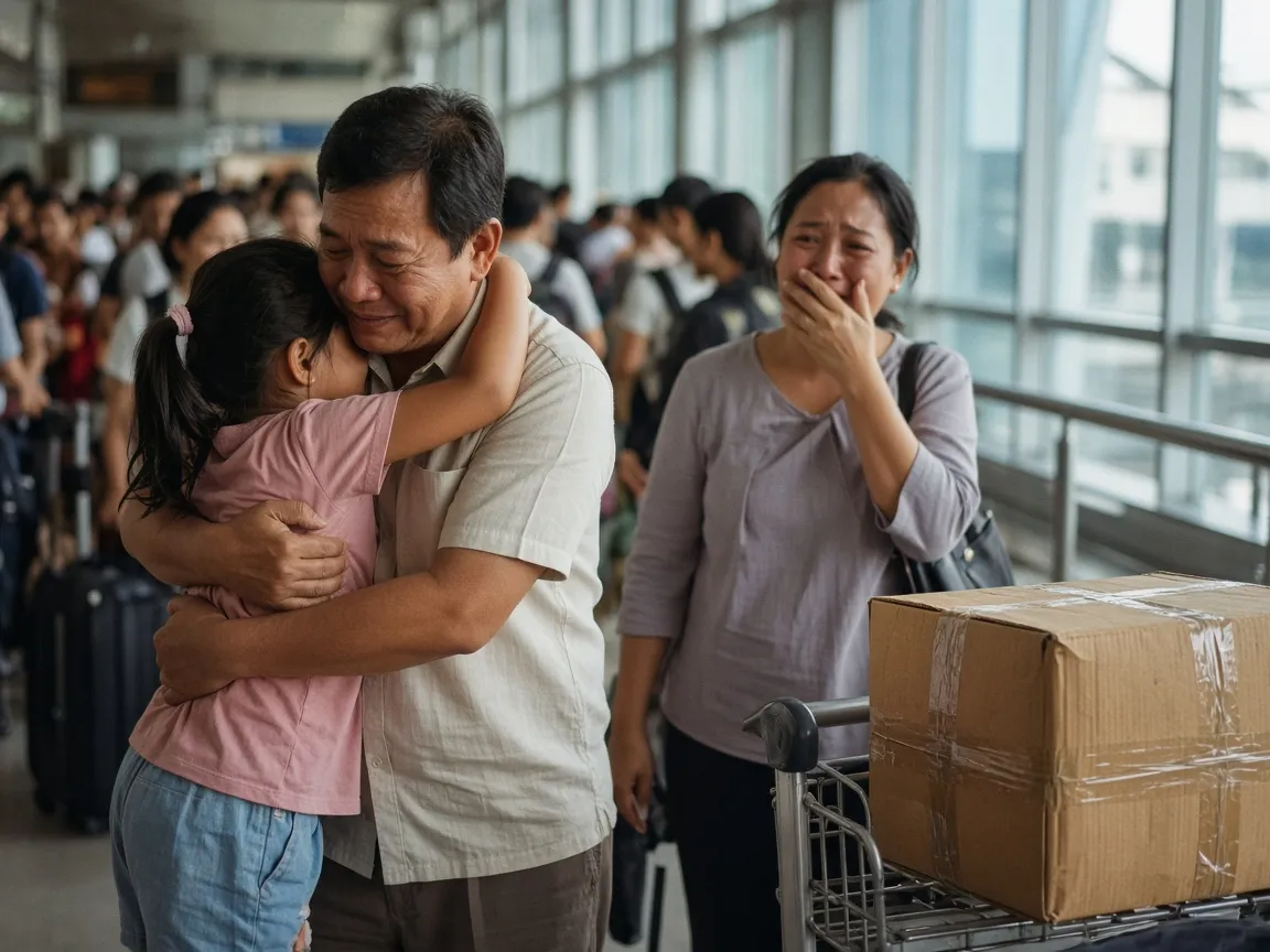 A father hugging his daughter at the airport as the mother cries with joy