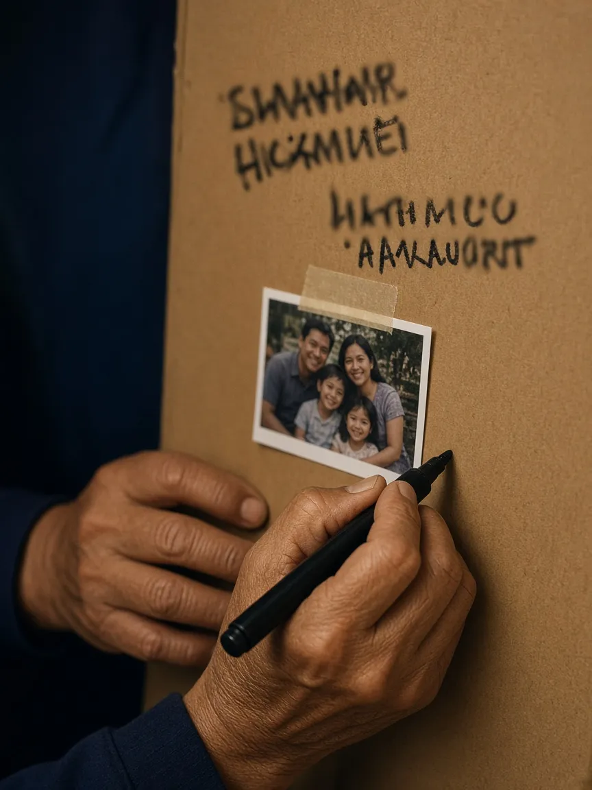 Hands writing an address on a box with a family photo taped beside it