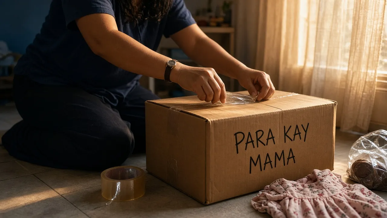 A woman taping shut a box labelled "Para kay Mama" in the evening light