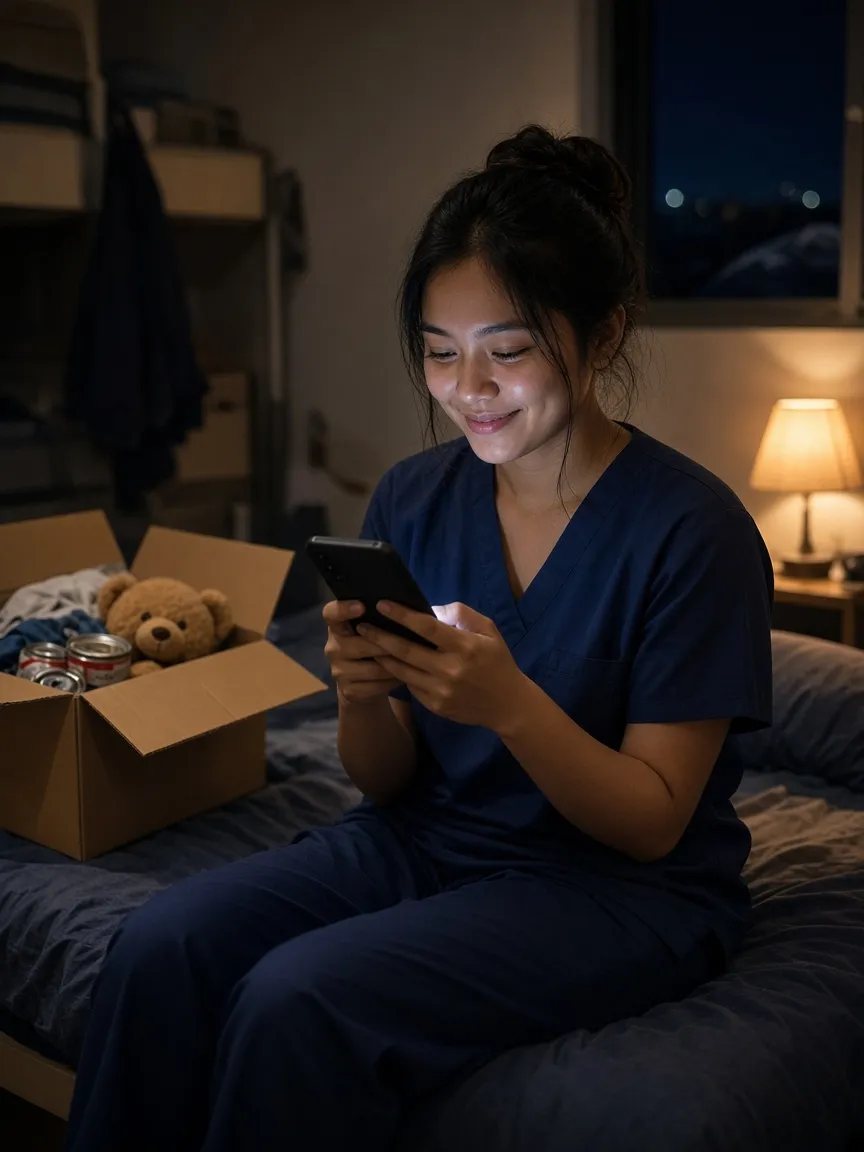 A Filipina nurse smiling at a video call on her phone beside a half-packed box